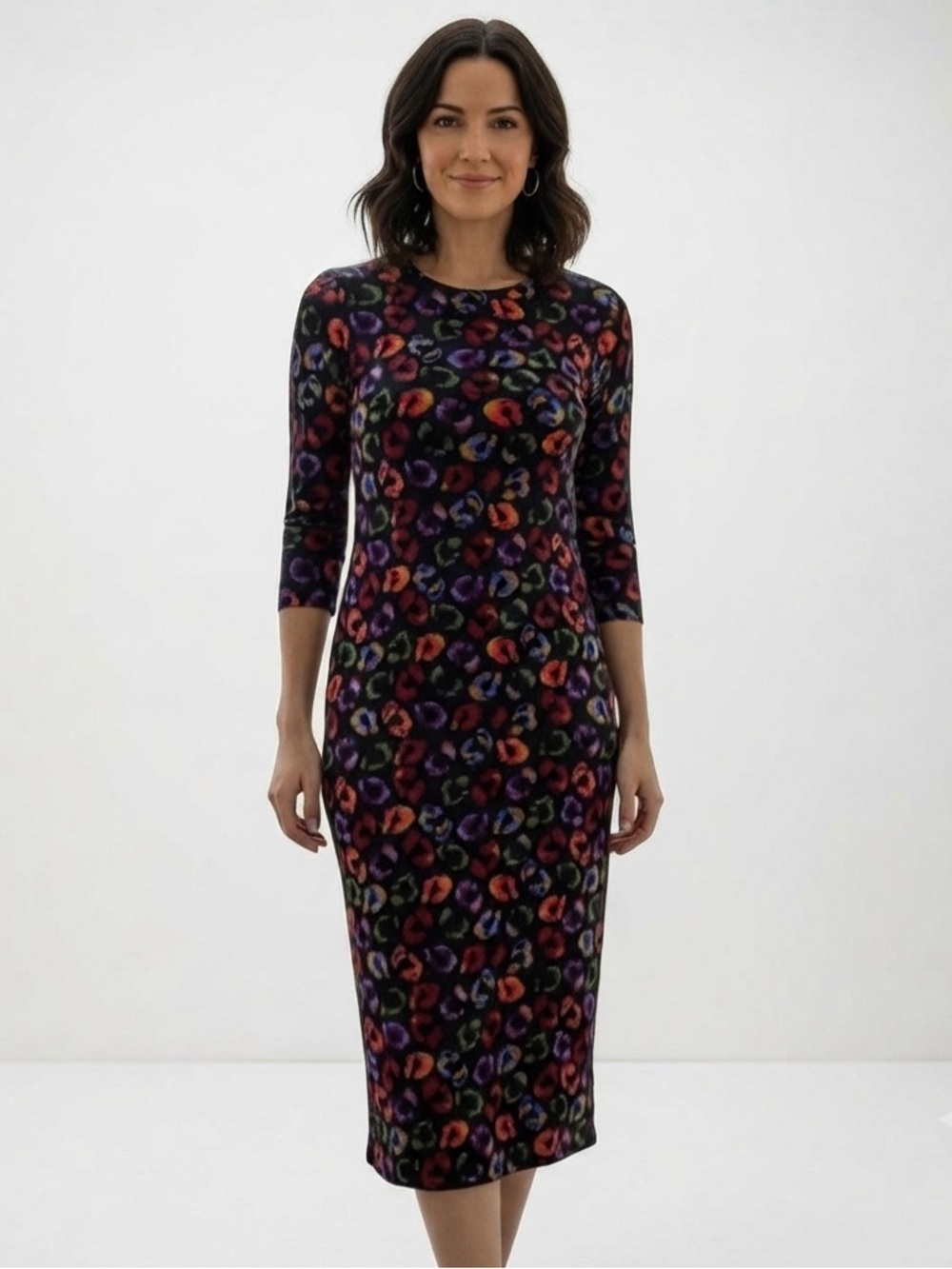 Farm Rio Sz L Colorful Leopard Print Whimsical Bodycon Midi Stretchy Dress